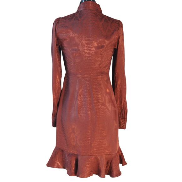 Express Satin Tie Neck Ruffle Hem Long Sleeve Dress Brown Snakeskin XS | Fall - Picture 3 of 5